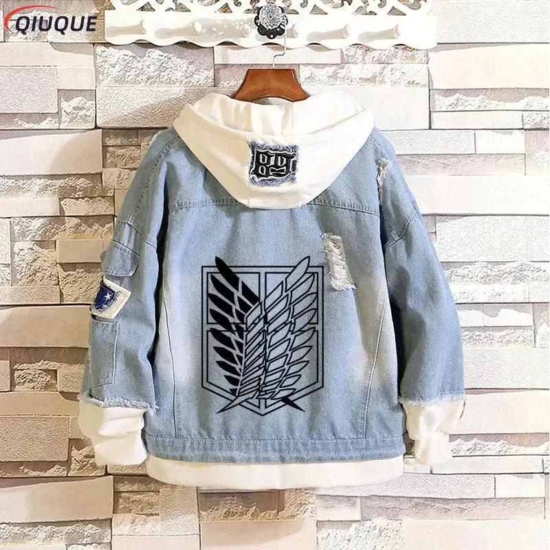 

Anime Attack on Titan Jeans Cosplay Costume Men Denim Jacket Eren Jager Mikasa Hooded Sweatshirt Outwear Coat fhff