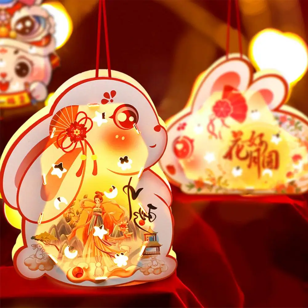 Chinese Style Lantern Paper Lantern with Pole Charming Rabbit Paper Lantern Set Battery Operated Double Sided Handmade Chinese