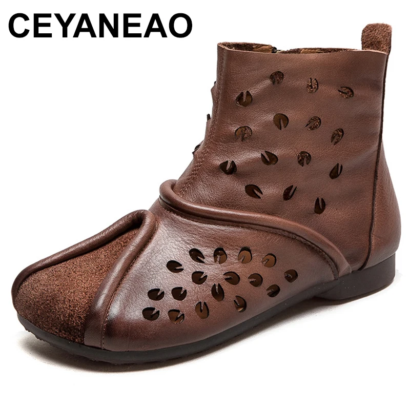 Rero Hollow Out Boots For Women Genuine Leather Luxury Side Zip Platform Summer Breathable Boots Flats High Top Sandals