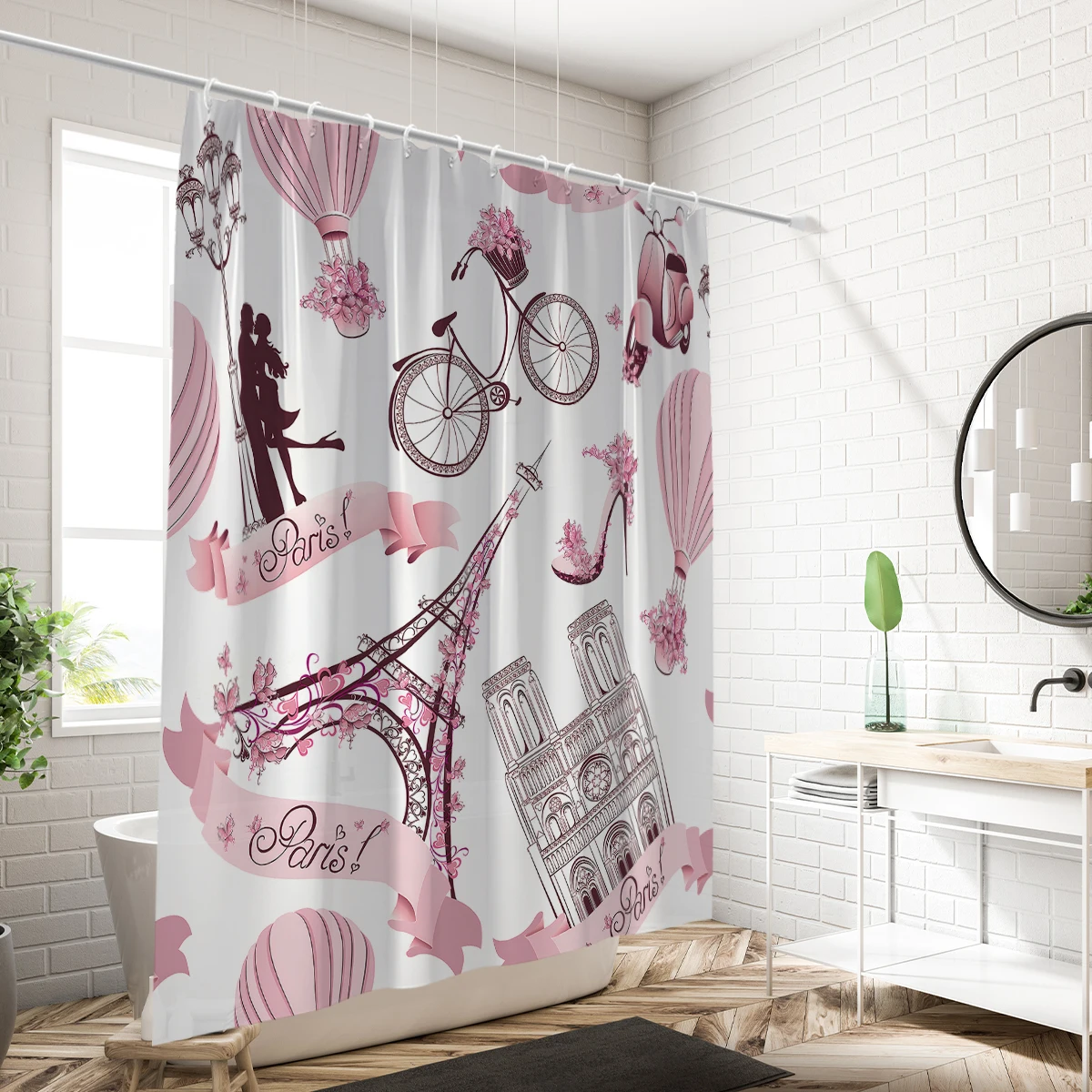 1 piece of 180x180cm pink Paris Tower pattern printed shower curtain partition bathroom waterproof and mildew proof