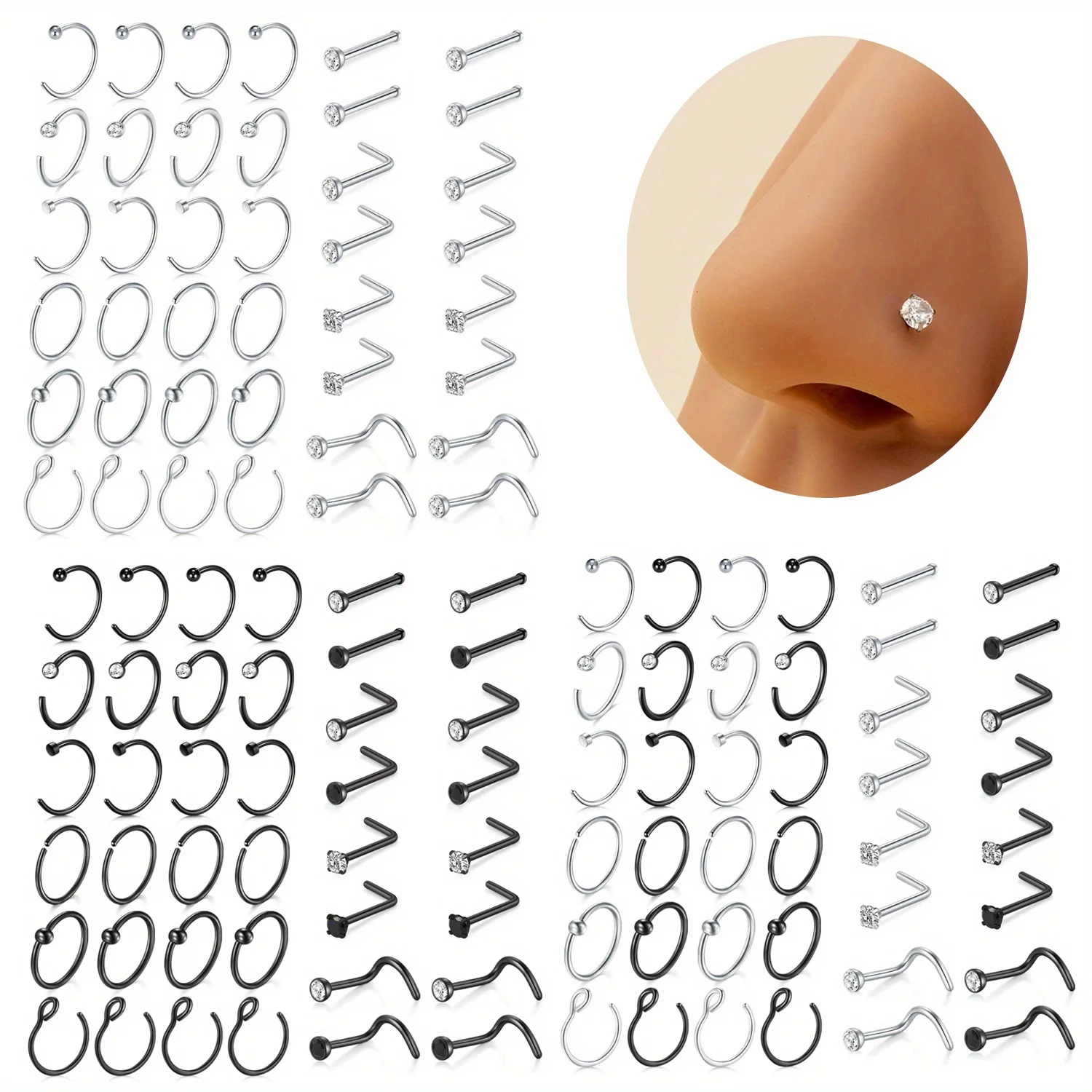 40pcs Nose Piercing Jewelry Set - 18G Stainless Steel Hoop & Stud Rings, L-Shaped Screws, Curved Rods - Elegant Gothic Style