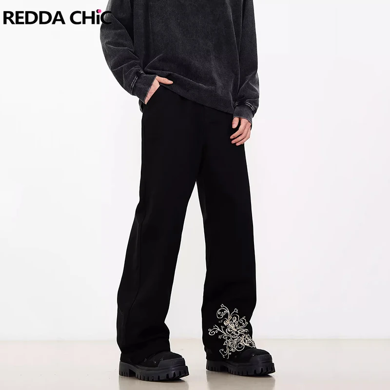 

REDDACHIC Embroidery Black Baggy Jeans Men Acubi Fashion Big Size Wide Leg Straight Denim Pants Hiphop Trousers Vintage Clothes