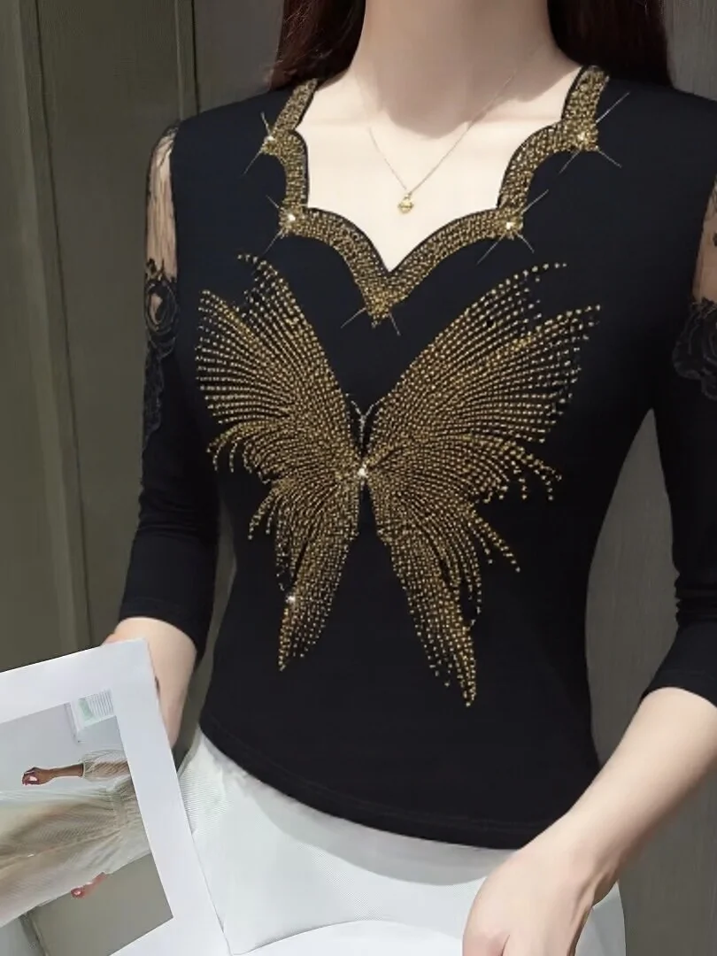 Faionable طويل Sve الدانتيل الحفر السيدات قاعدة irt التخسيس شخصية صغيرة أعلى المرأة T irt تخفيف Sle النسخة الكورية #4