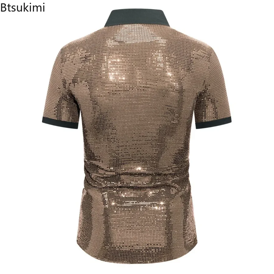 2026 Men's Short Sleeve Stage Performance Clothes Sequin Lapel Shirts 70s Disco Party Nightclub Wear Fashion Harajuku Streetwear