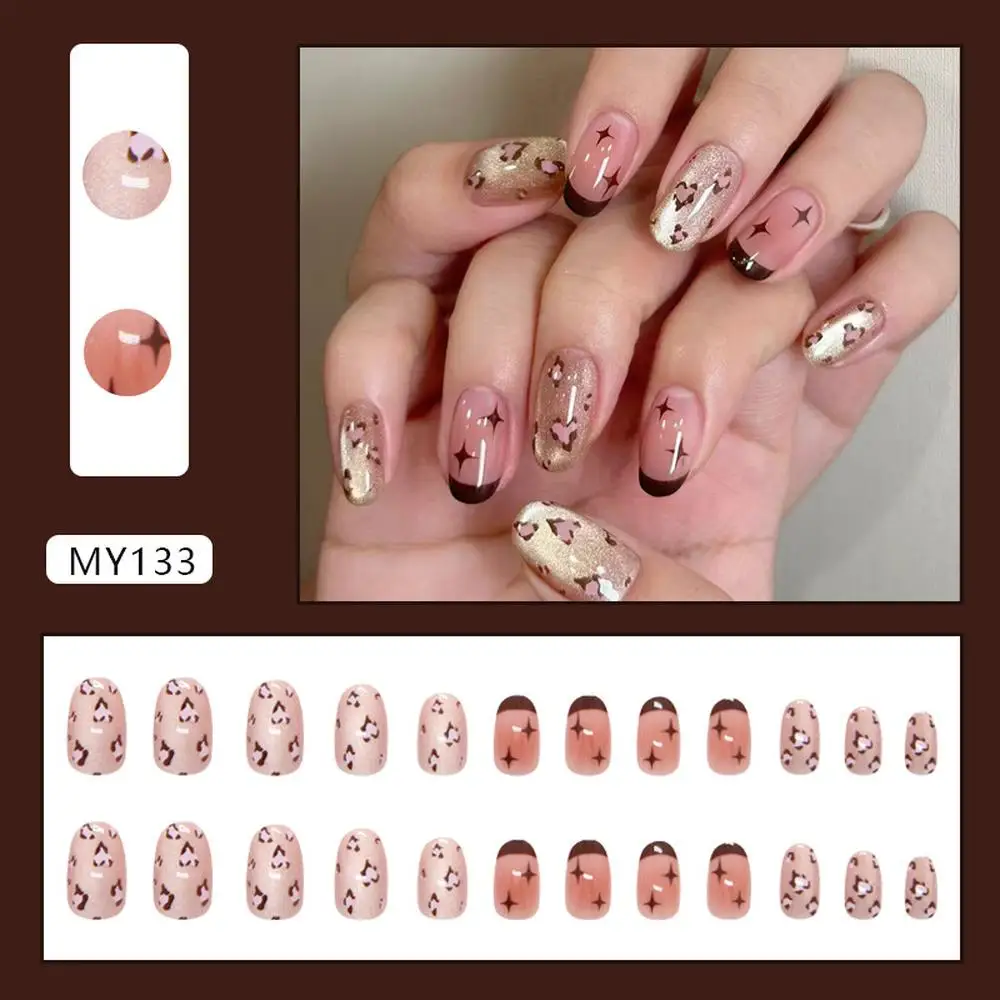 Gentle French powder blusher pink leopard print cat's eye medium style oval European and American ins style nail enhancement pat