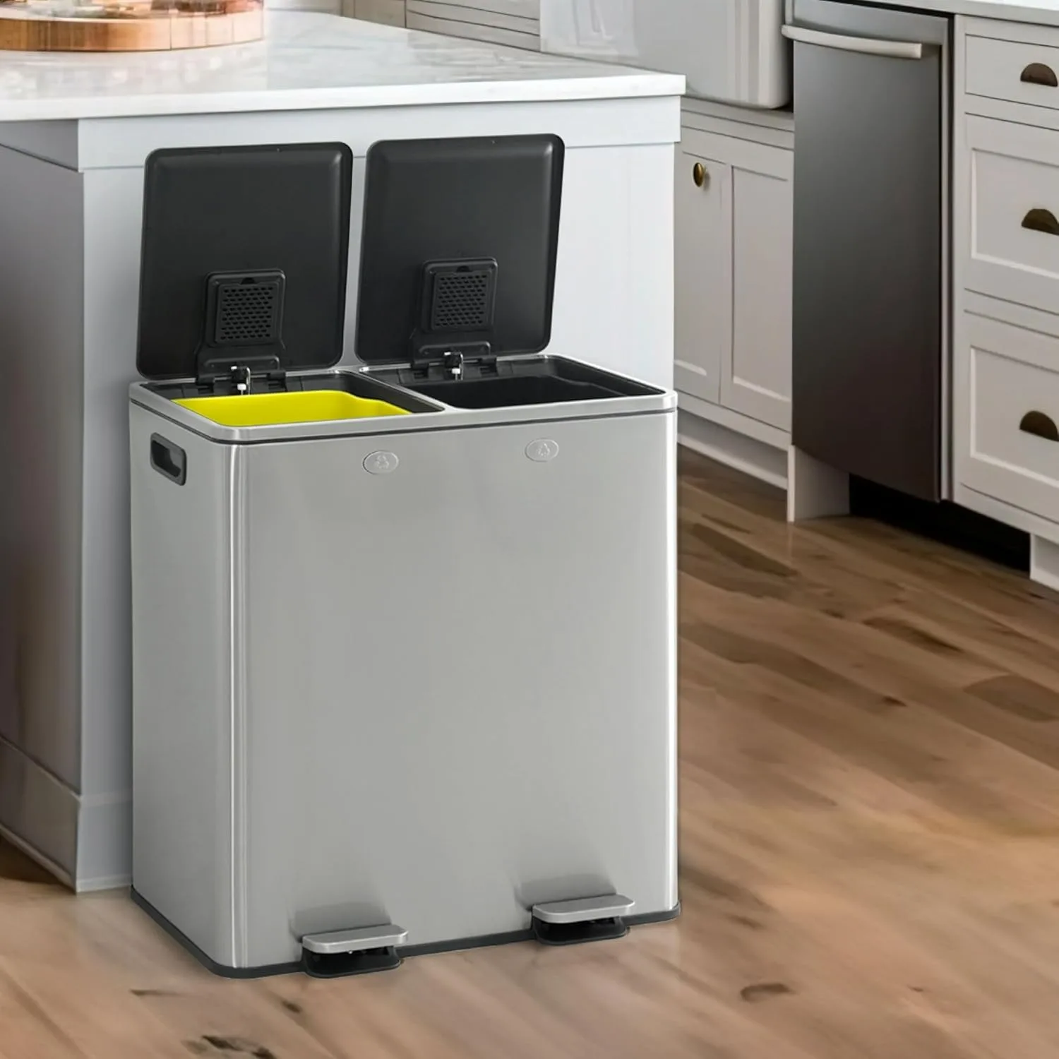

Dual Trash Can with Double Lid, Trash and Recycle Bins Combo, Hands-Free Stainless-Steel Garbage Can 30L+30L, 2 x 8 Gallon