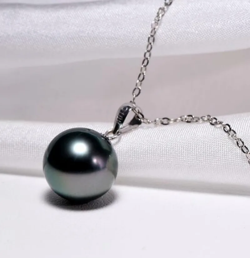 

ELEGANT 9-10mm Round Black Tahitian Pearl pendant 925 sterling silver pendants jewelry pearl necklace