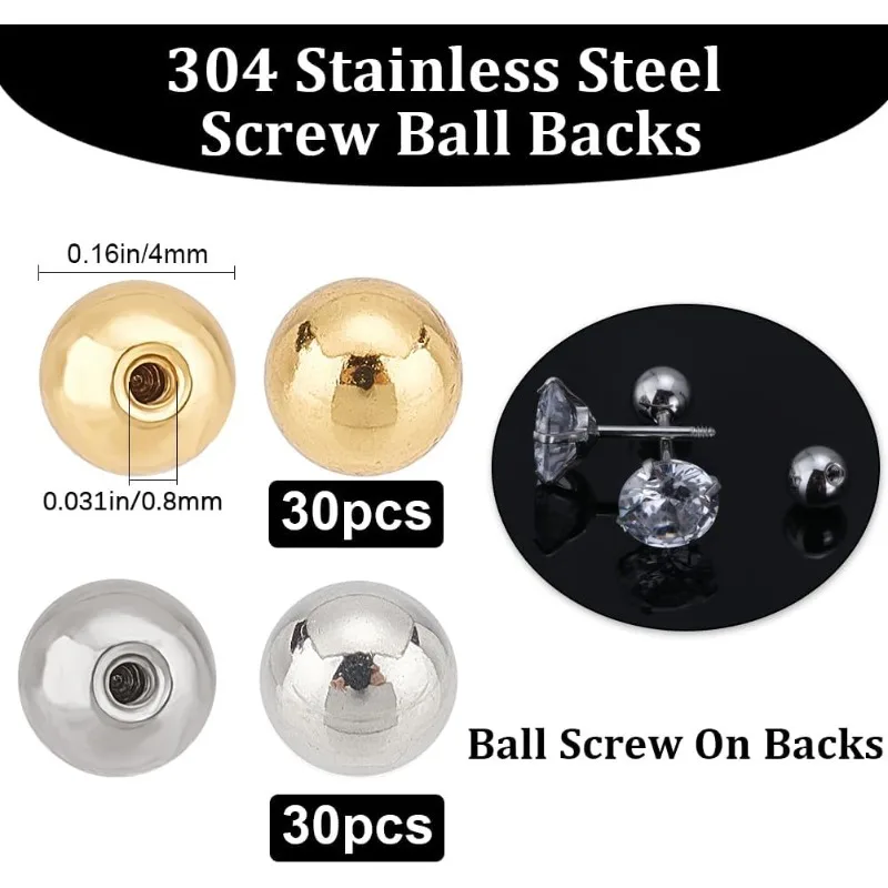 1 Box 60Pcs 2Colors Screw Ball Backs Stainless Steel Geometry Ball Replacement Earring Backs for Jewelry Earring Making Supplies