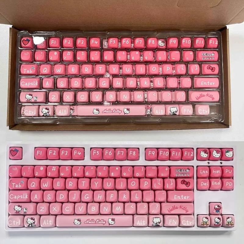 

135Keys Sanrio Hello Kitty Keycaps PBT Creative Pink Cross Key Cap Universal Mechanical Keyboard Keycaps Cartoon Birthday Gifts