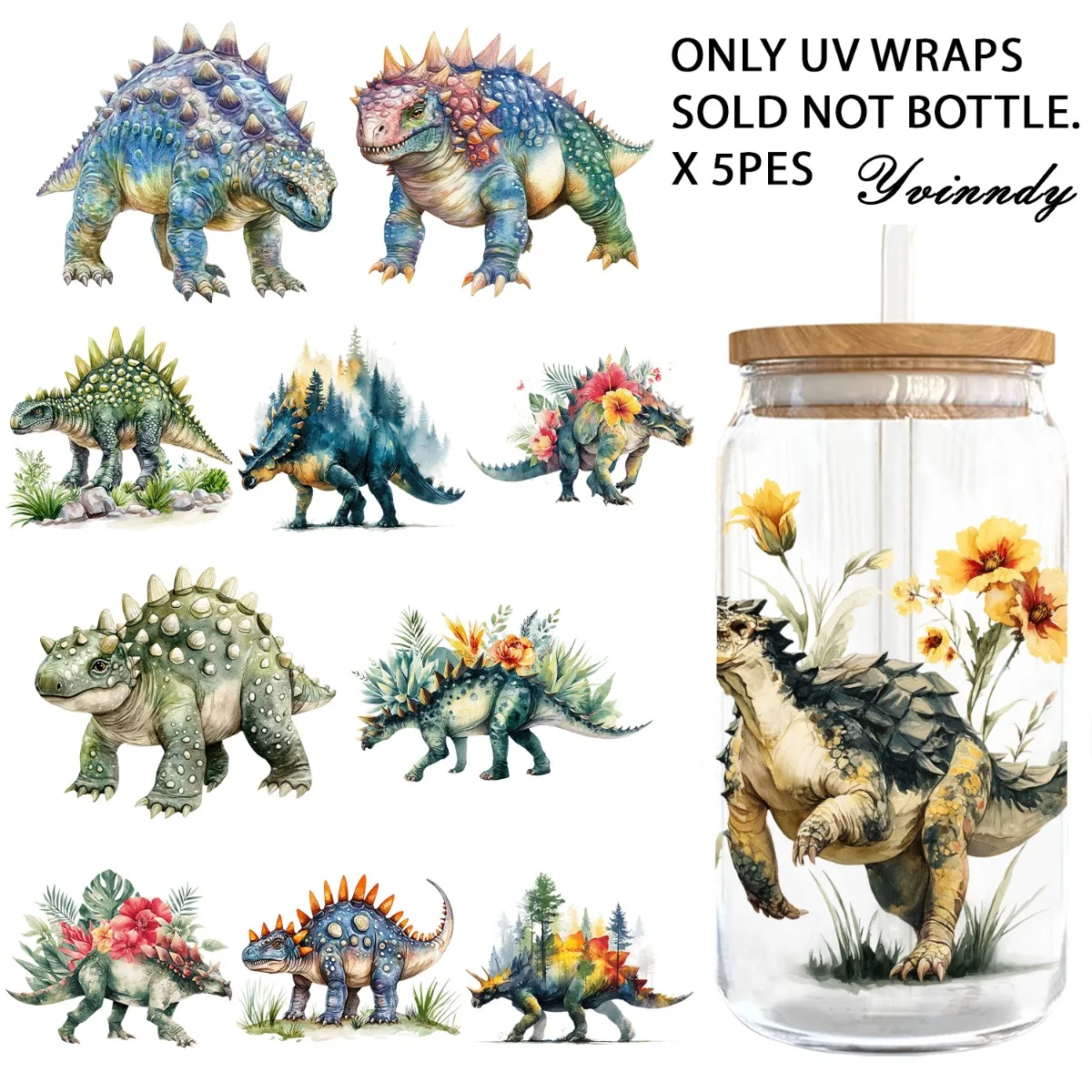 5 Stück/Set 16OZ UV DTF DIY Transferpapier – Aquarell Ankylosaurus UV DTF wasserdichter Film (ohne Wasserbecher)
