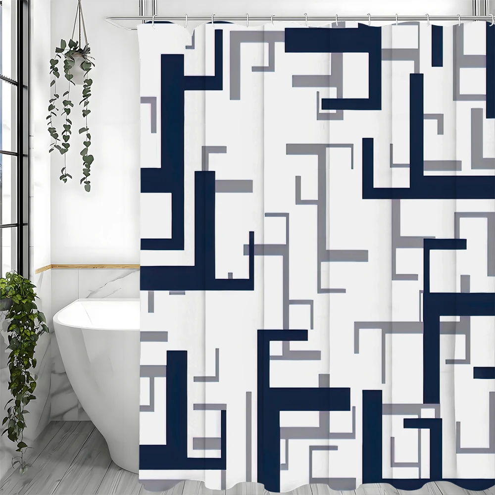 

Современная занавеска для душа с геометрической подошвой и кольцом, синяя и серая декоративная занавеска для душа с абстрактным искусством для ванной комнаты, водонепроницаемая занавеска для душа Curt