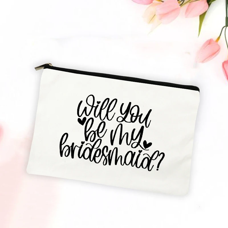 Wedding Bachelorette Party Toiletries Pouch Canvas Cosmetic Bags Will You Be My Bridesmaid Print Makeup Bag Maid of Honor Gifts