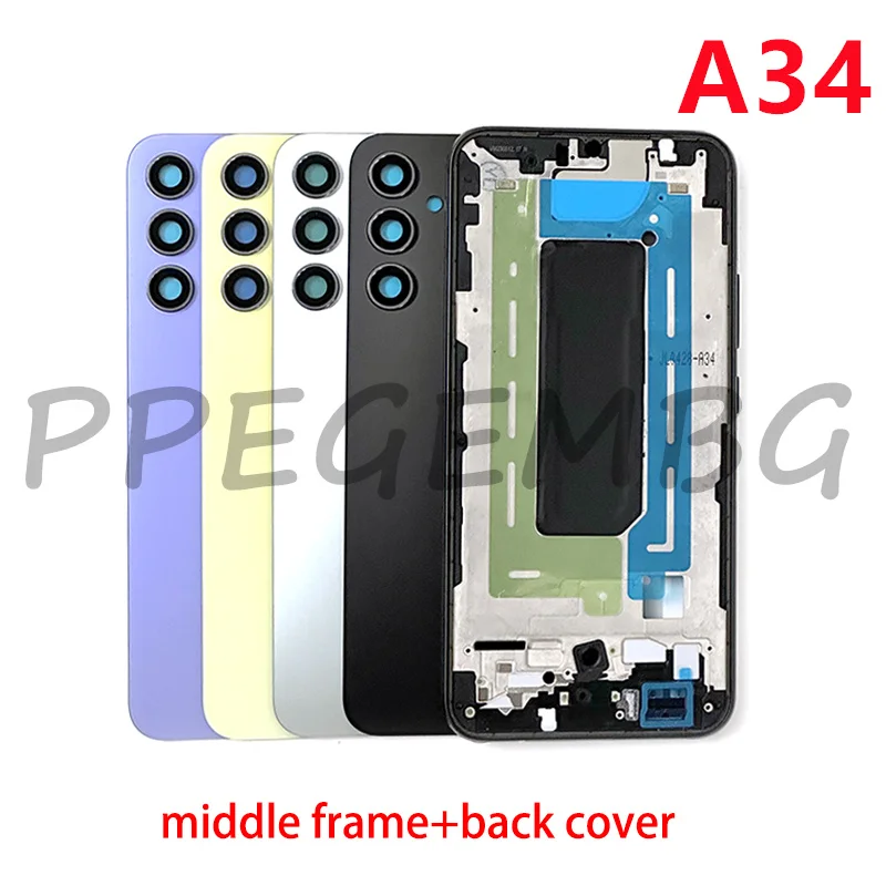 

For Samsung Galaxy A34 5G A346 Housing Case Middle Frame Cover+Battery Back Cover Rear Lid Door+Camera Lens Side Buttons Parts