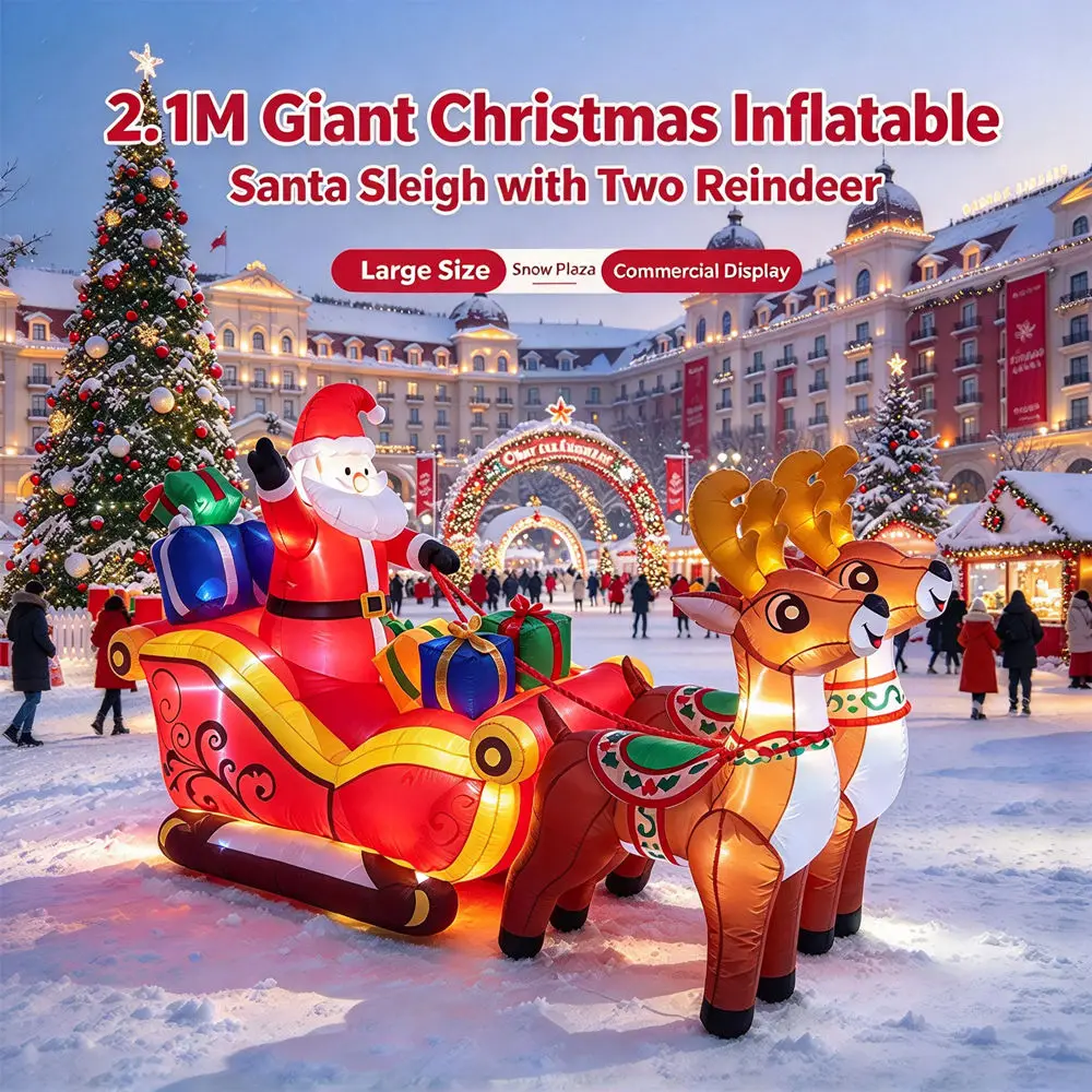 2.1M Christmas Inflatables Decoration Santa Claus Riding Sled Reindeer Inflatables Indoor Outdoor Decoration Garden Party Decor
