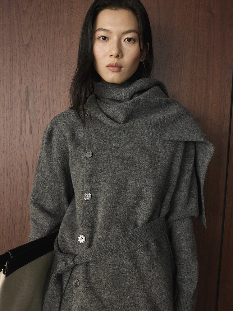 FANAN Korean Style Knitting 2 Piece Set Women's Scarf Collar Belt Gathered Waist Tops + High Waist A-line Skirts Winter New