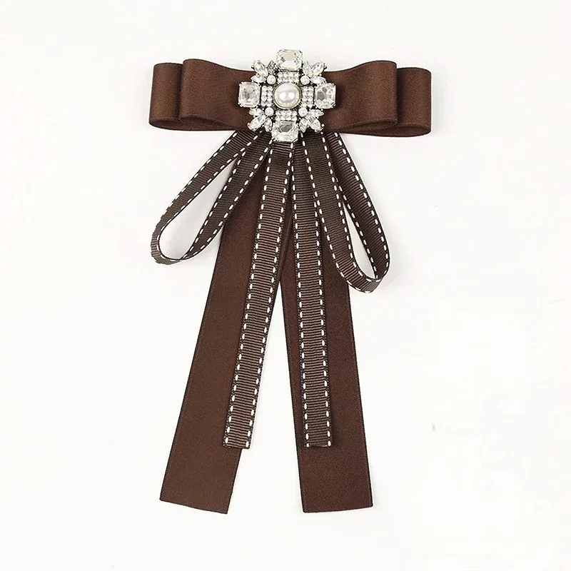 Tie Shirt Women\'s New Brooch Bow Ribbon Brown Coffee Temperament British Style Shirt Corsage Accessory Pin