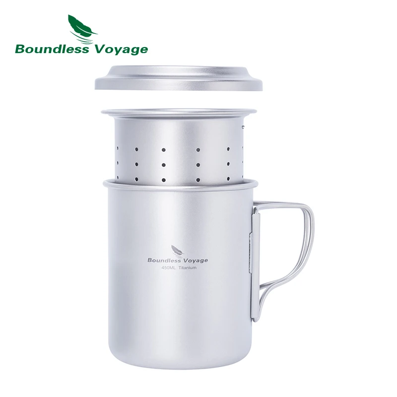 Boundless Voyage 450ml Titanium Cup with Filter Folding Handles Outdoor Camping Tea Coffee Mug Portable Lightweight Tea Maker