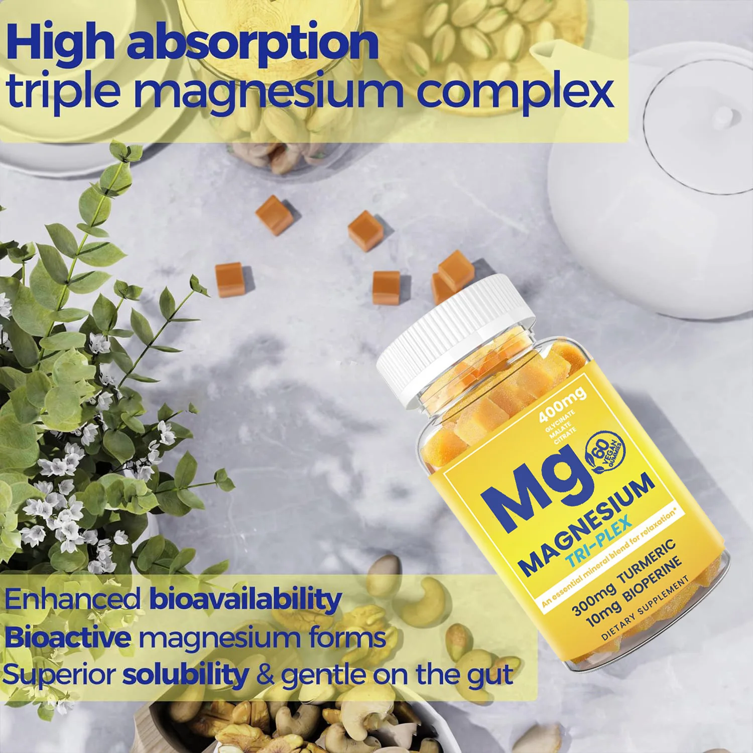 

1 bottle of magnesium gummy candy maintains normal cellular function and promotes bone health through energy metabolism