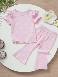 Baby Girl Summer Casual Sweet Flower Pattern Small Flying Sleeve Round Neck T-shirt with Flared Pants 2-piece Set