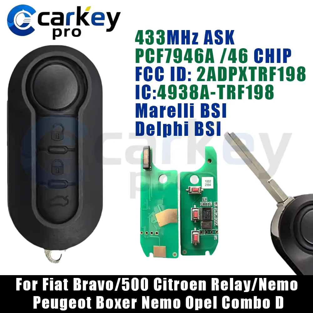 Llave Remota Carkeypro 433MHz Marelli BSI 2ADPXTRF198 46 CHIP para Fiat Bravo/500 Citroen Relay/Nemo Peugeot Boxer Opel Combo D