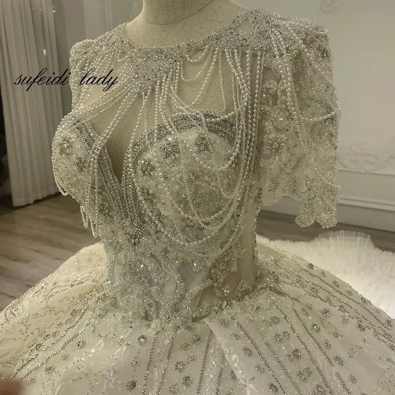 Elegant O-Neck Half Sleeve Bride A-Line Wedding Dress Luxury Appliques Beading Lace Up Customized Wedding Gown