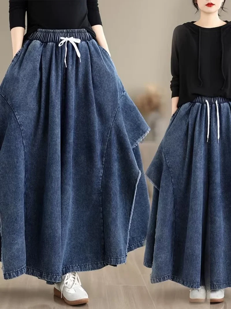 Women's High Waist Denim Pants Loose Wide Leg Jeans Summer Retro Y2K Distressed Streetwear Baggy Trousers Cowboy Skirt Pants J13