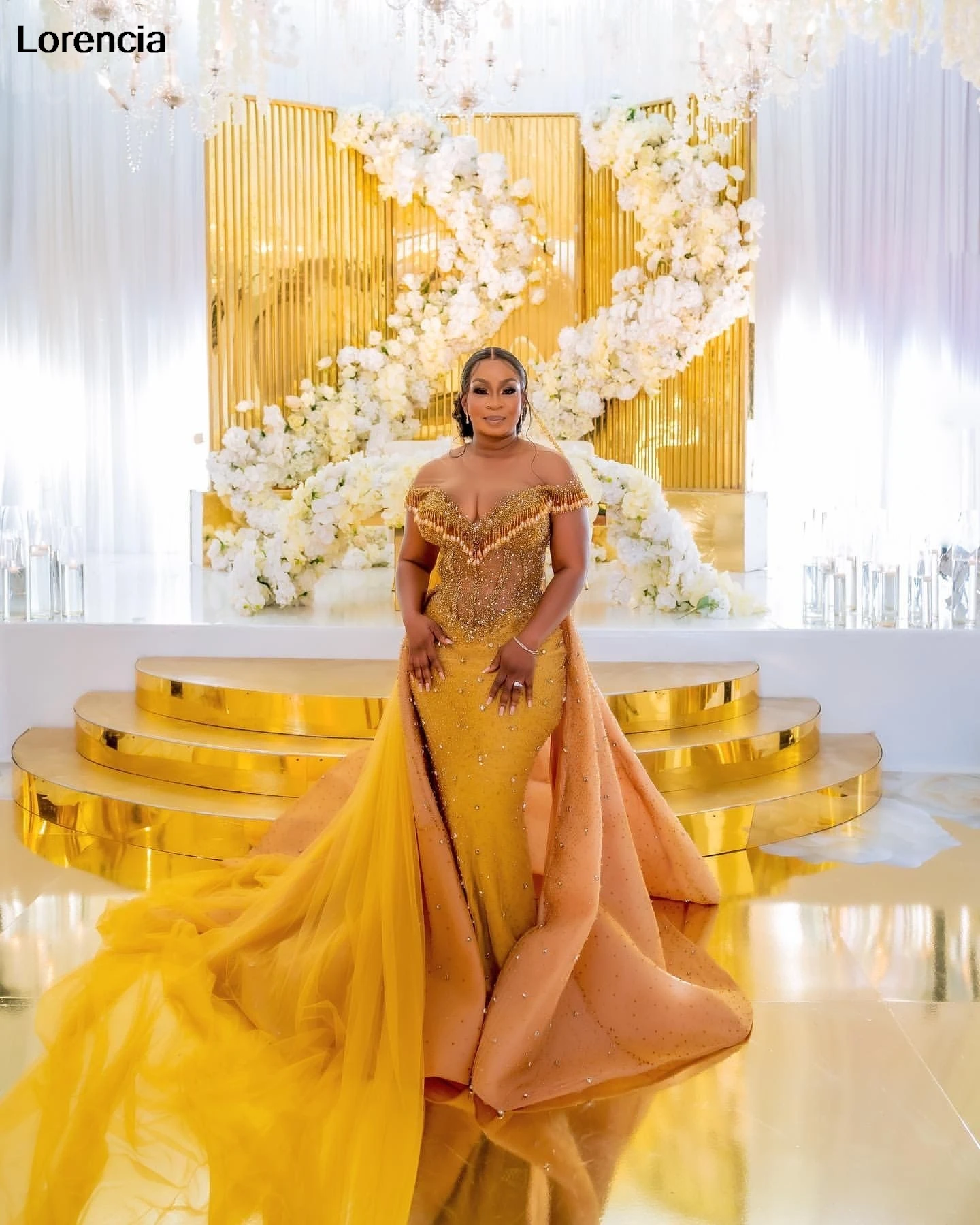 Maßgeschneidertes arabisches Aso Ebi Gold Meerjungfrau Abendkleid glänzende Perlen Kristall afrikanischer Tüll formelles Abendkleid Robe De Sorrie YPD350