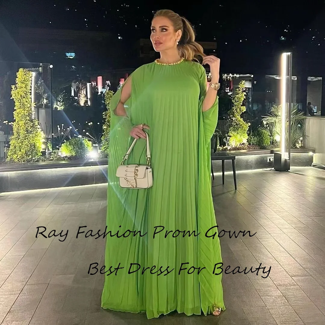 Bescheiden Rechte Galajurk Chiffon O-Hals Met Gelaagde Ruches Groene Vloerlengte Voor Dames Formele Feestjurken Vestidos De Noche