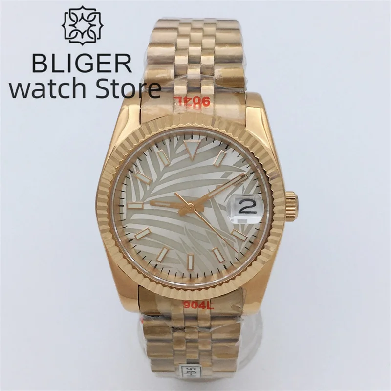 

BLIGER 36mm39mm Rose Gold NH35A Automatic Watch For Men Fluted Bezel C3 Luminous Index Sapphire Glass Rose Gold Jubilee Bracelet