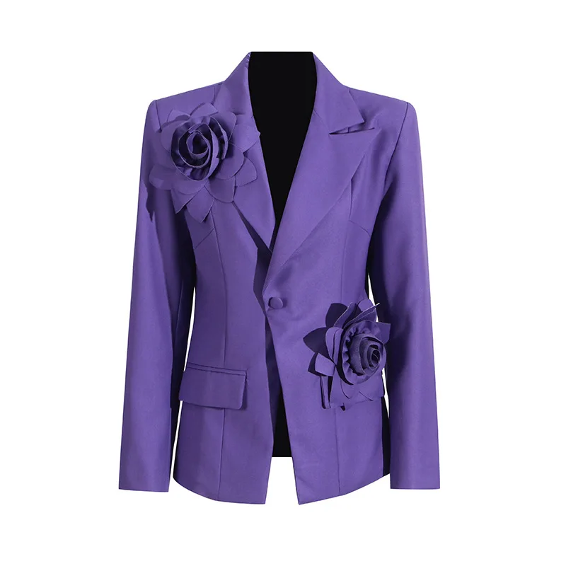 

High Quality Women Long Sleeve Purple Appliques Turn-Down Collar Suit Coat