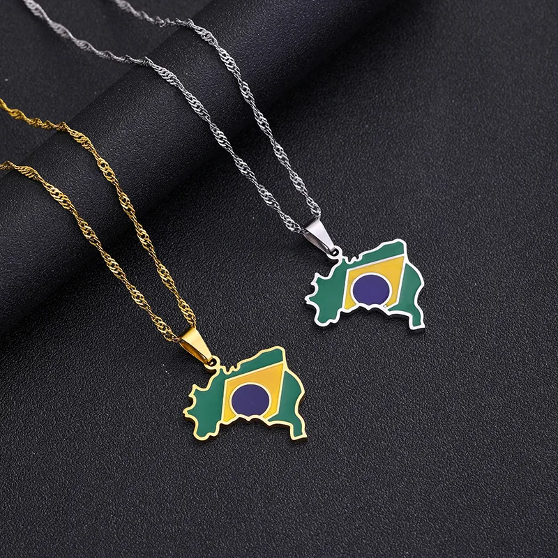 Hot Selling Enamel Brazil Map Necklaces Personality Geometric Flag Necklaces Stainless Steel Jewelry