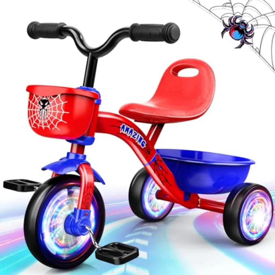 

Tricycle for Toddlers 1-3 3-5 Year Olds Spider Toddler Bike with Colorful Lighting Wheels Large Basket Birthday Gift and Toy fo