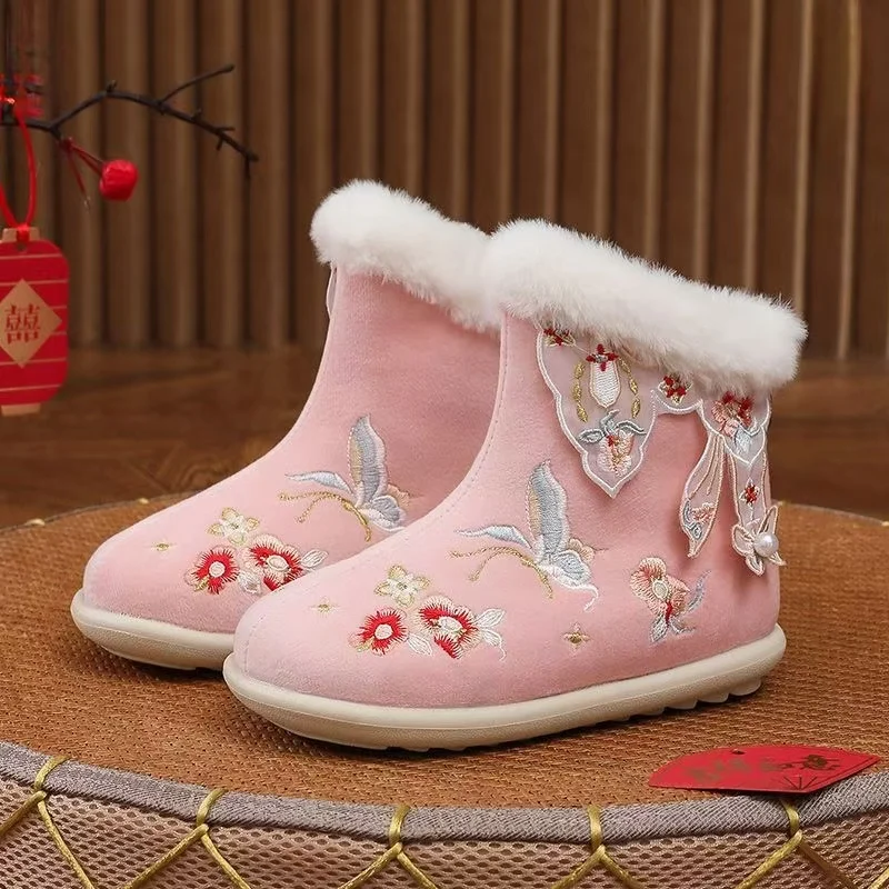 Girl's Winter New High Top Hanfu Cotton Boots Soft sole Round Toe Plush Keep Warm Ethnic Style Flat Sole Embroidered Snow Boots