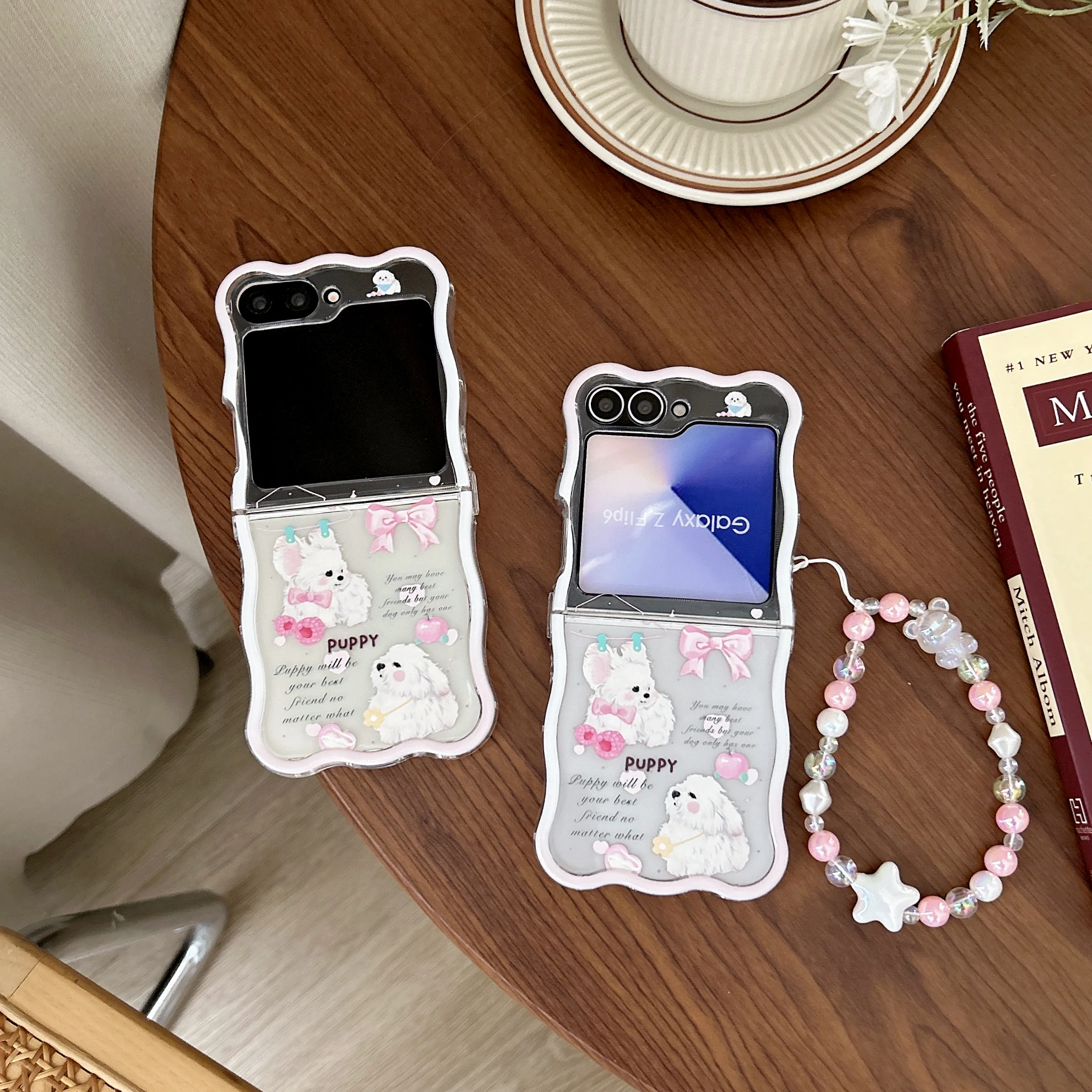 

Back Cover For Samsung Galaxy Z Flip 6 5 4 3 Case Pink Bowknot Puppy Dog with Bracelet Chain Soft Tpu Shockproof Phone Case