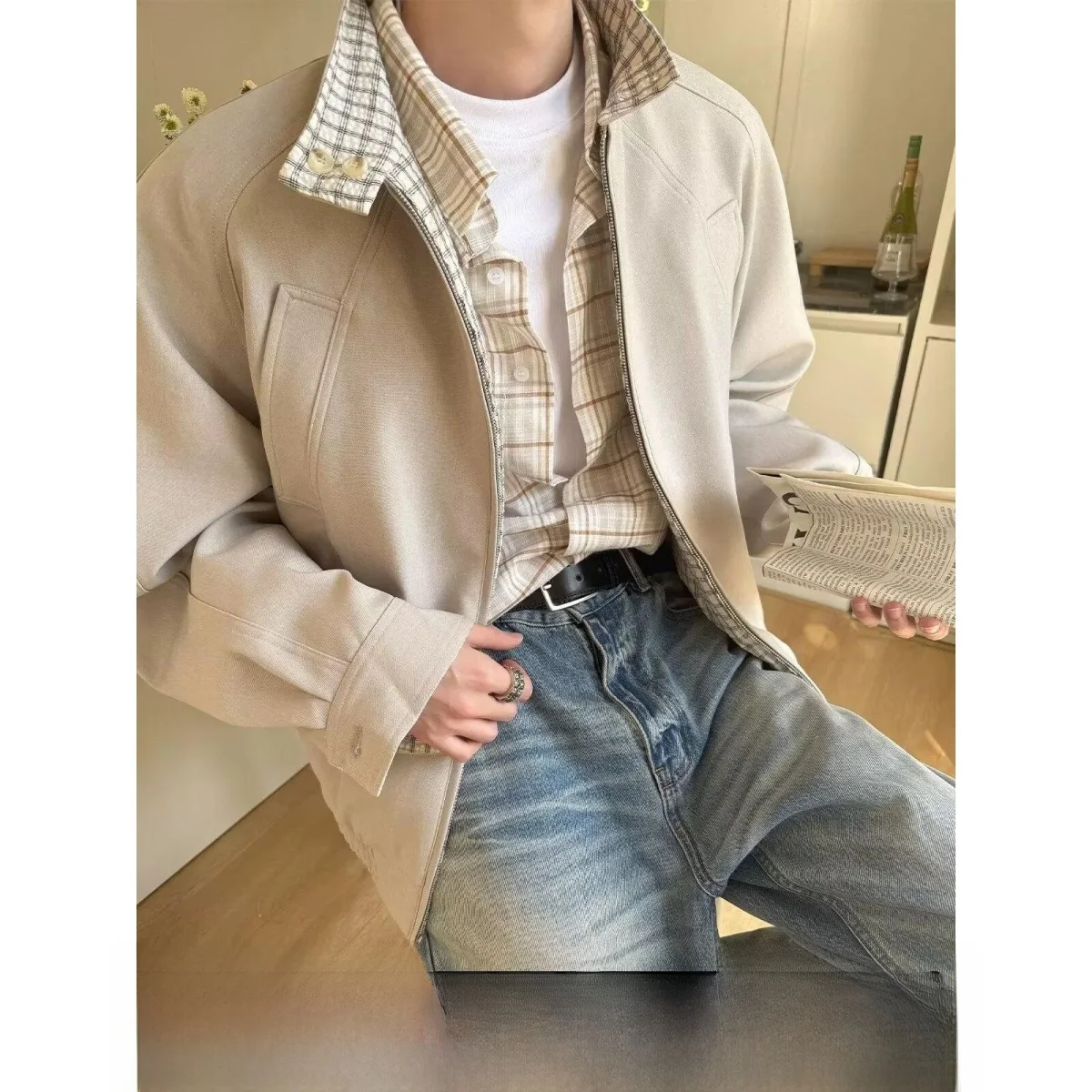 

Men's Casual Loose Jaet Spring Autumn Street Sle Harajuku Trendy Coat High Quali Polyester Stand Fit Long Sve