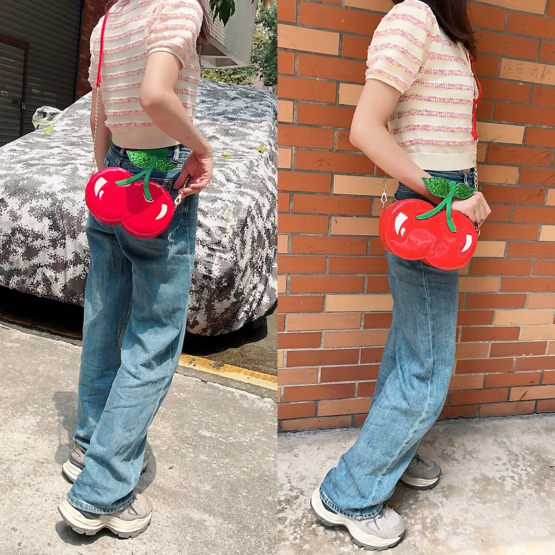 Cute Cherry Shape Chain Shoulder Bag for Women Novelty Purses and Handbags Girls Red Clutch Fun Shape Designer Bag Cross Body