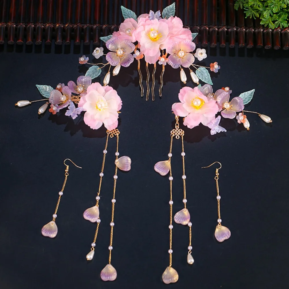 

Ancient Style Chinese Style Hairpin Set Pearl Tassel Hanfu Hair Stick Headwear Earrings Flower Hair Comb Hairstyle Design Tool