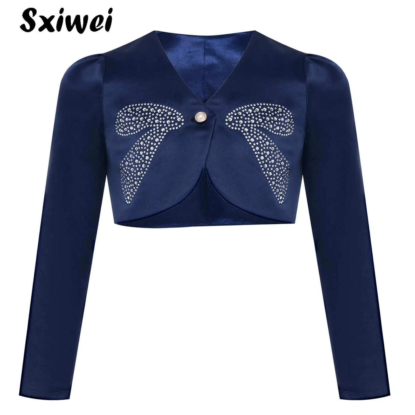 

Flower Girl Wedding Cape Kids Party Bolero Rhinestones Bow Pattern Elegant Cardigan Long Sleeve Open Front Shrug Dress Outerwear