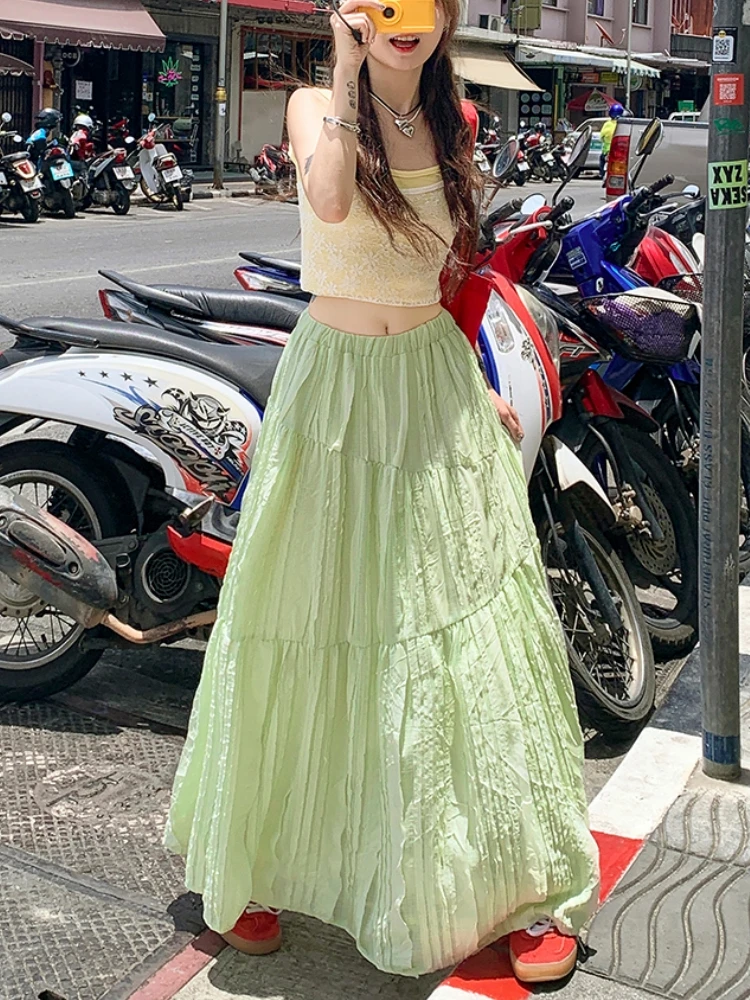 Qiukichonson 2024 Summer Wrinkled White Pleated Skirt Women Goth Lolita High Waisted A-Line Green Long Skirts Midi falda plisada