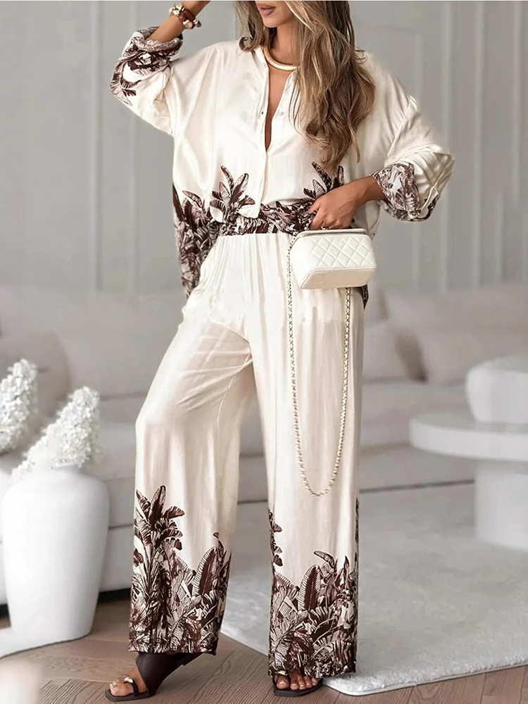 

Spring and Autumn Women's Long Sleeve Casual Style Polyester Material 2026 New Fashion Collar Printed Wide Leg Pants Set