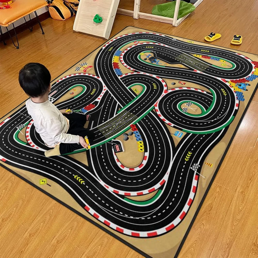 Vibrant Multi Curve Racetrack Print Area Rug for Kids Playroom Fun Car Themed Carpet Non Slip Educational Carpet for Living Room