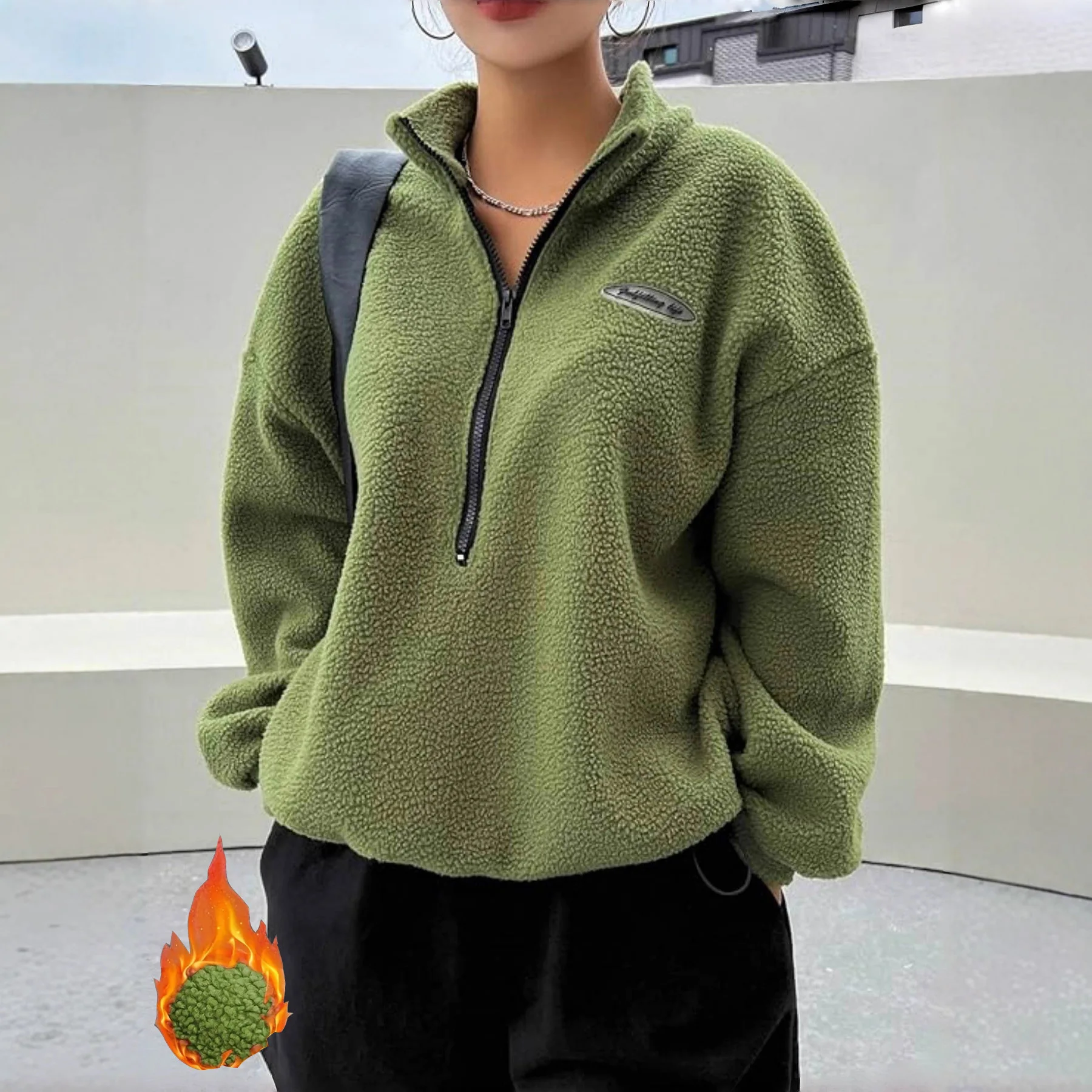 

Autumn Winter Women Fleece Pullover High Neck 1/4 Zip Sweatshirts Retro Badge Green Loose Warm Teddy Outwear Harajuku Clothing