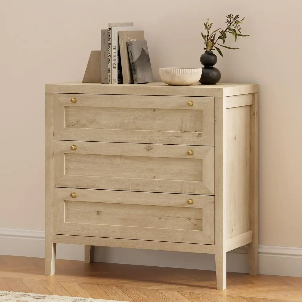 Drawers Dresser for Bedroom, Farmhouse Closet Storage Organizer with Golden Handles, Wooden Nightstand End Table for Living Room