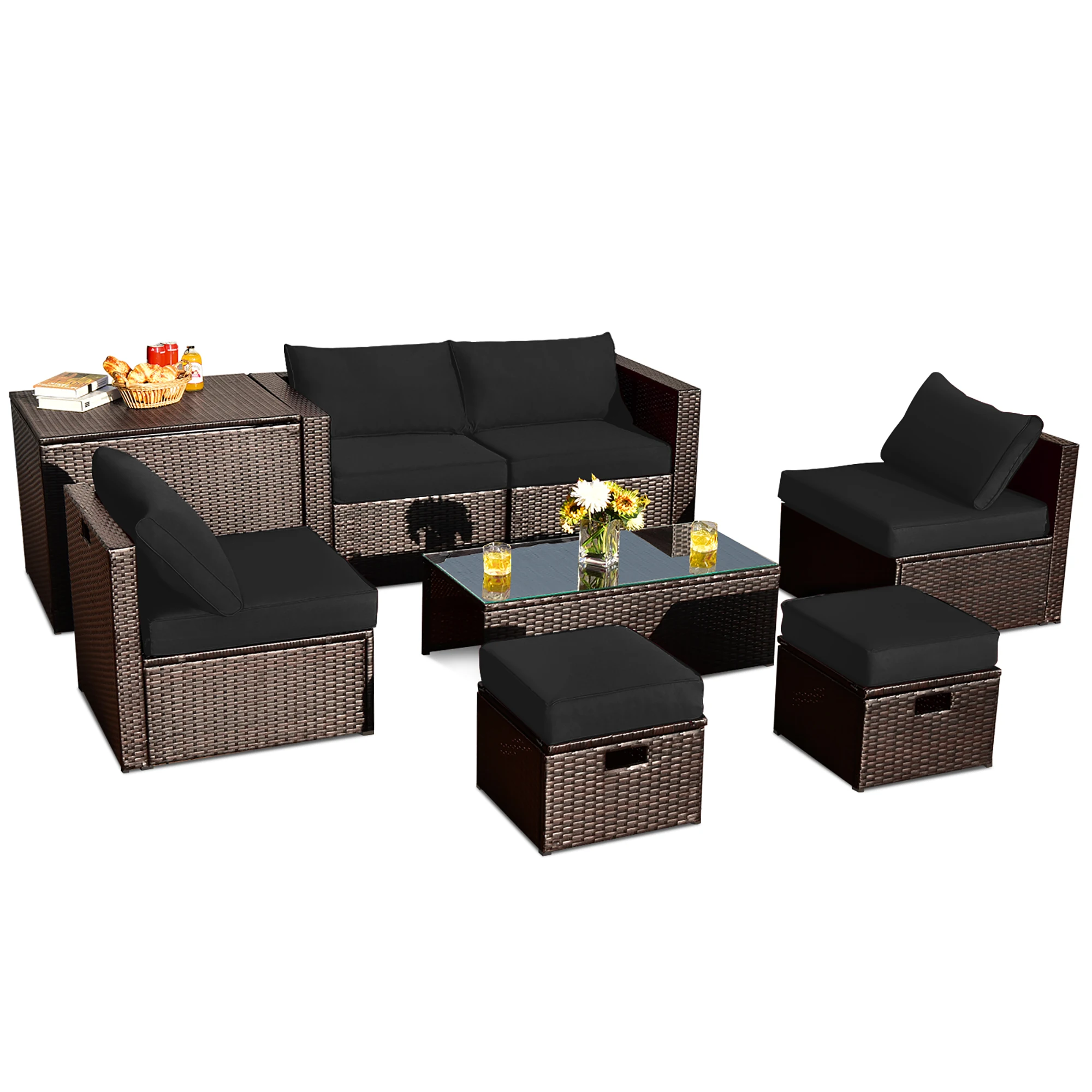 8PCS Patio Rattan Furniture Set Space-Saving Storage Cushion Black cover