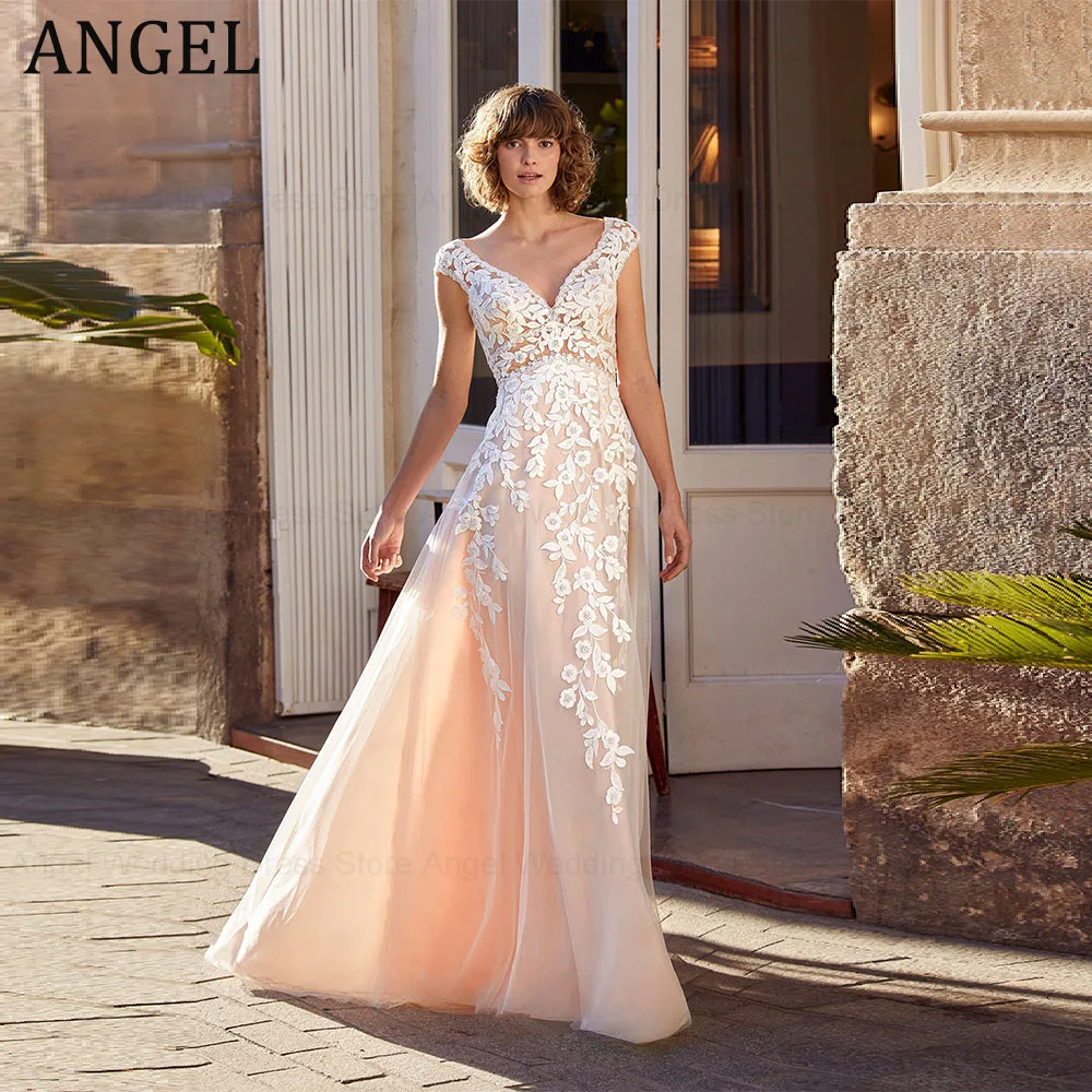 ANGEL Exquisite A-Line V-Neck Wedding Dresses 2024 Backless Bridal Gowns Lace Appliques Cap Sleeve Zipper Vestidos de Novia Boda