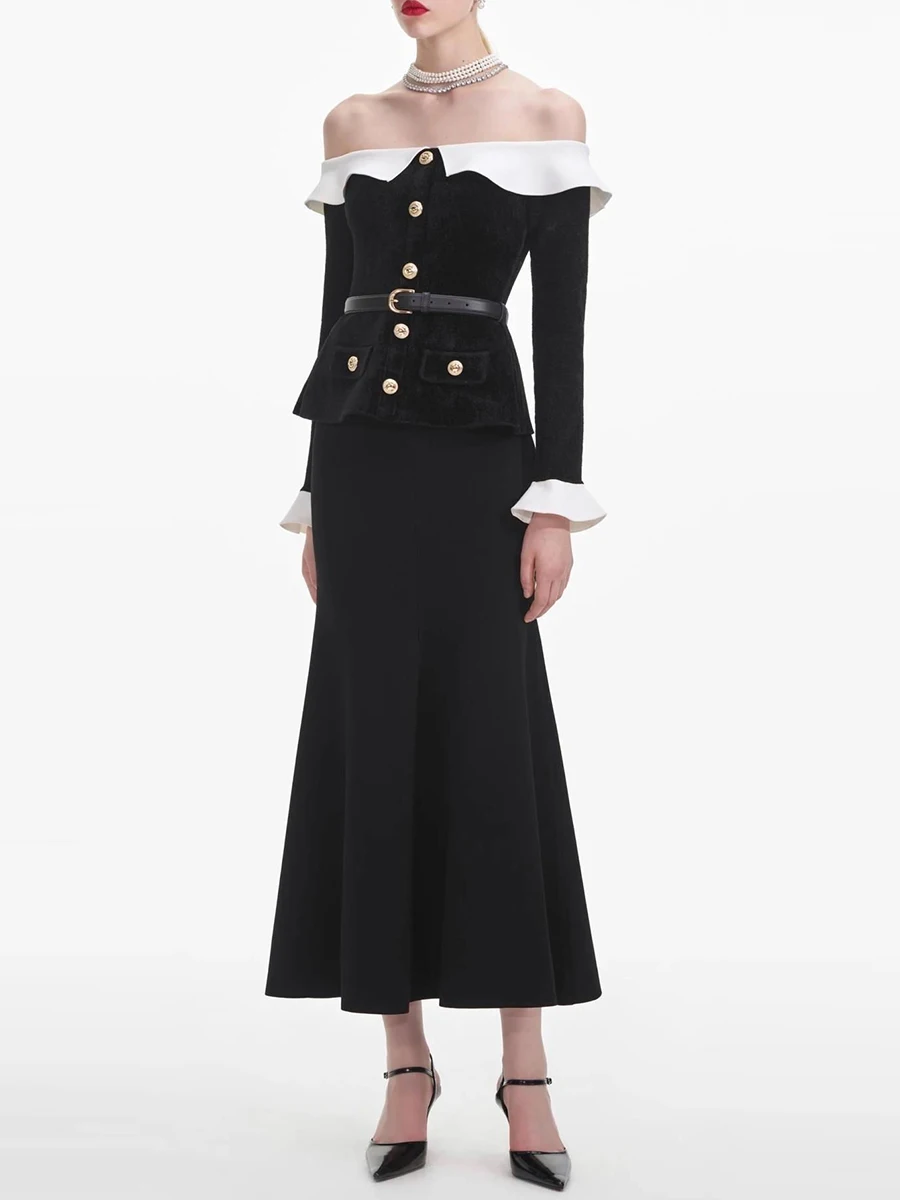 TWOTWINSTYLE Colorblock Spliced Button Slimming Dress for Women Off Shoulder Flare Sleeve Patchwork Ruffled Dresses Female Style