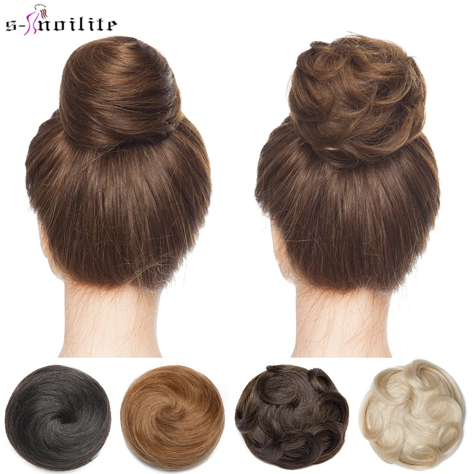 S-noilite 30G Sanggul Rambut Keriting atau Lurus Sanggul 100% Rambut Manusia Rambut Donat Coklat Penutup Kepala Pirang Pada Scrunchie Elastis