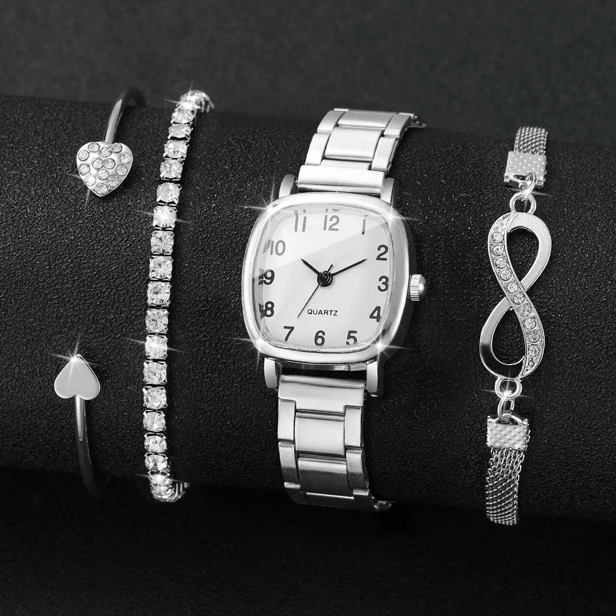4PCS Fashion Square Arabic Dial Women Watches Rhinestone Bracelets Set Ladies Alloy Strap Quartz Wristwatch (Without Box)