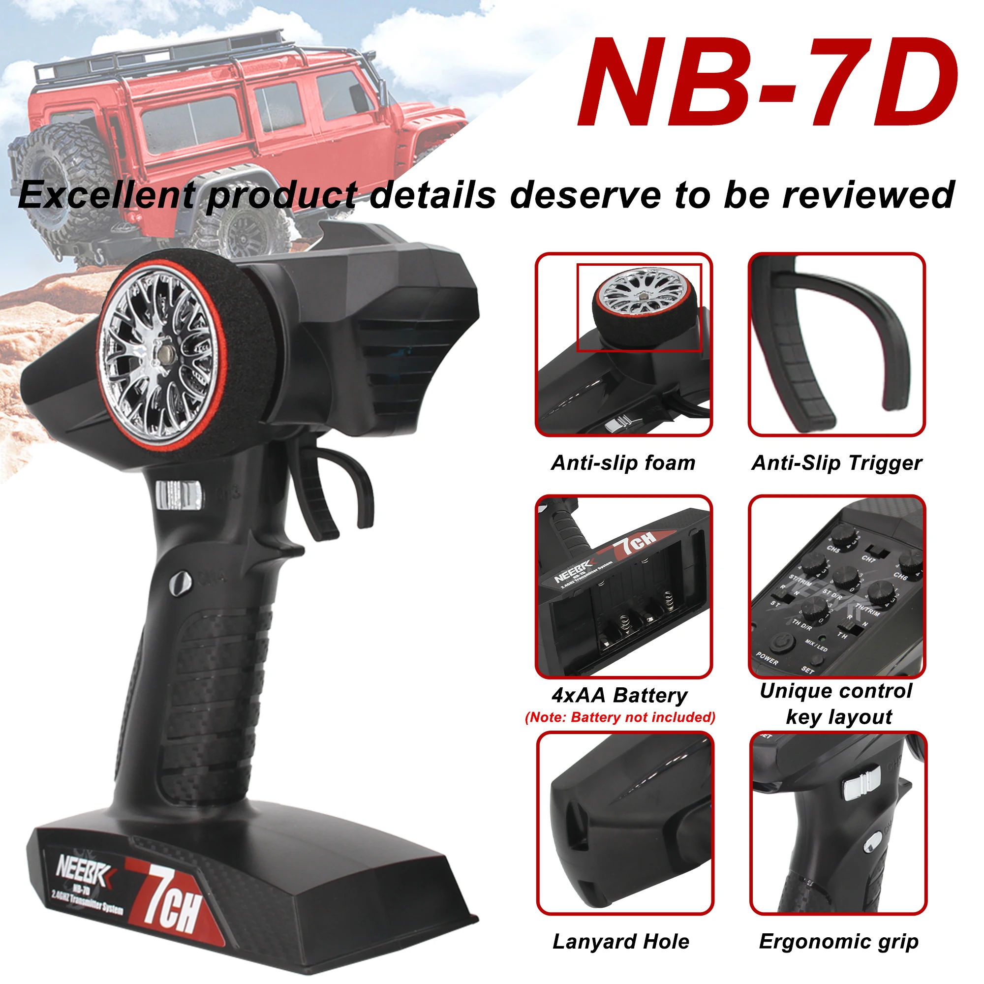 NEEBRC 7CH 2.4G Radio System Transmitter Control Remote Waterproof Receiver W/6 Pin Plug for RC Car Crawler MN128 MN99S MN82