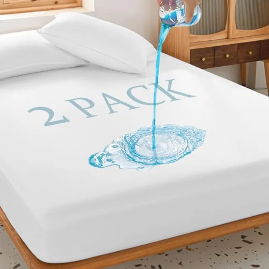 

2 Pack Waterproof Mattress Protector Deep Pocket Mattress Cover, Soft Breathable Mattress Pad, Fitted Noiseless Waterproof Bed